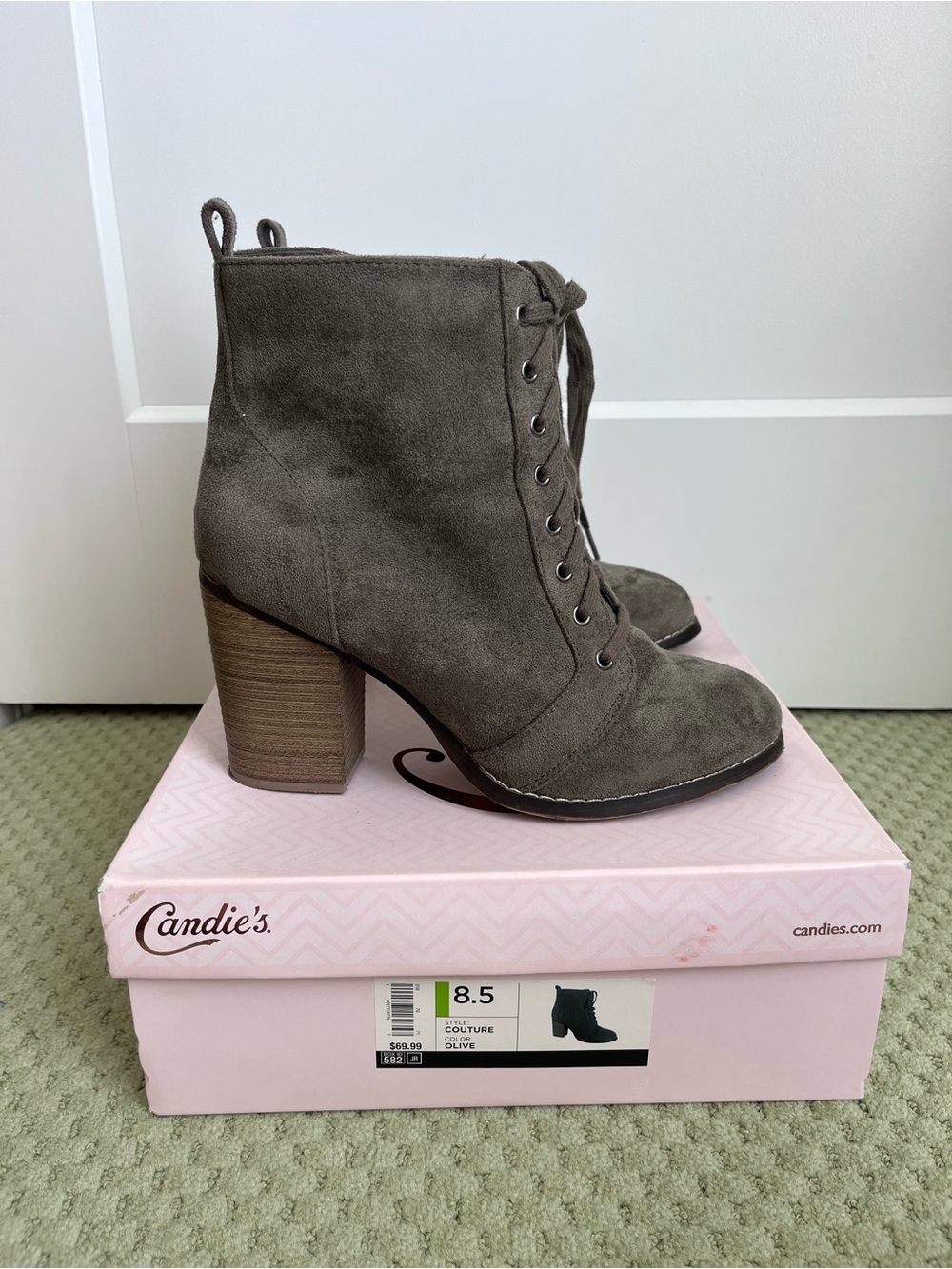 Candie's Olive Green Suede Lace-Up Block Heel Ankle Boots